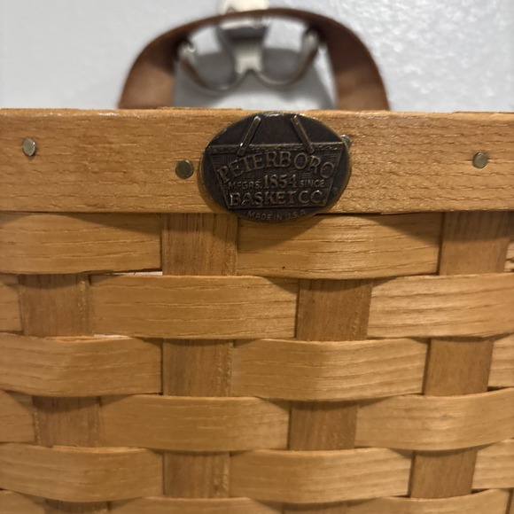 Peterboro‎ Basket  Co. Wooden Woven Wall Pocket Basket Leather Single Handle - Picture 2 of 16